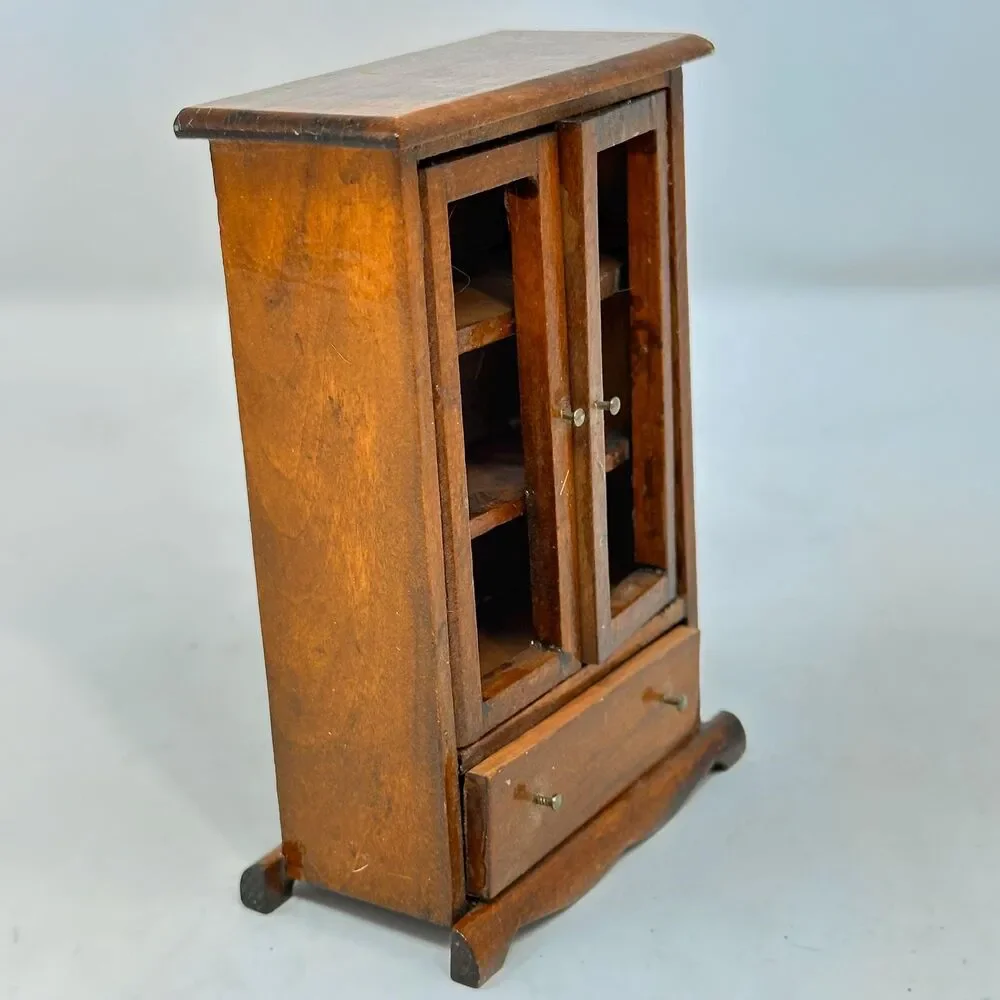 Vintage Miniature Wooden Cabinet Dollhouse Glass Door Hutch Display Case Drawer